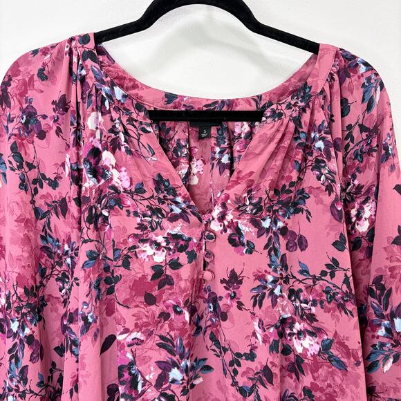 Torrid Size 5X Popover Top Blouse Pink Floral Peasant Georgette Career Bloomcore - Picture 2 of 12